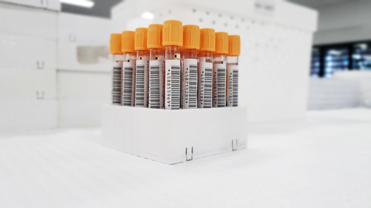 services-10 Blood sample test tubes with barcodes organized in a laboratory setting.